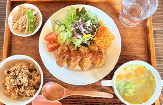 木目調のテーブルと彩り豊かなランチ